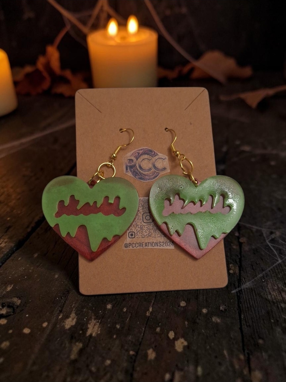 Glow in the Dark Poison Apple Heart Earrings Spooky Handmade Dangles